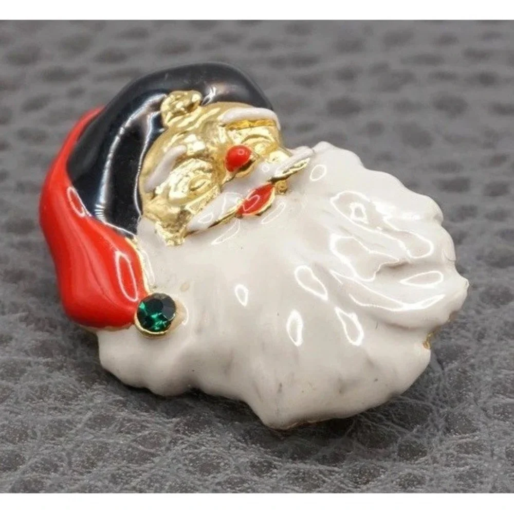 Vintage Santa Claus Brooch Enamel Red Green Gold Tone